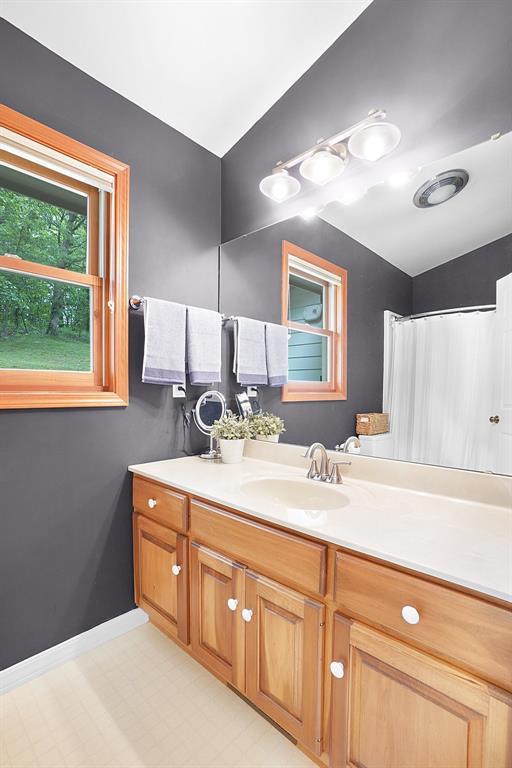 19072 Bear Trail Rd, Glencoe, MO 63038 - bathroom featuring vanity, baseboards, and a shower with shower curtain