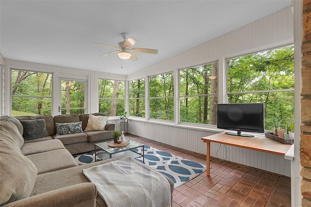 19072 Bear Trail Rd, Glencoe, MO 63038 - sunroom featuring ceiling fan, outdoor lounge area, and plenty of natural light