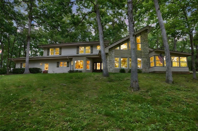 19072 Bear Trail Rd, Glencoe, MO 63038 - rear view of house featuring stone siding and a yard