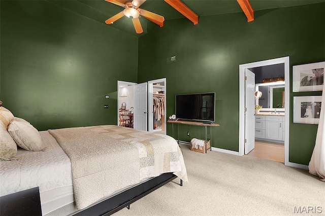 19072 Bear Trail Rd, Glencoe, MO 63038 - bedroom with high vaulted ceiling, carpet, beam ceiling, a walk in closet, and a closet