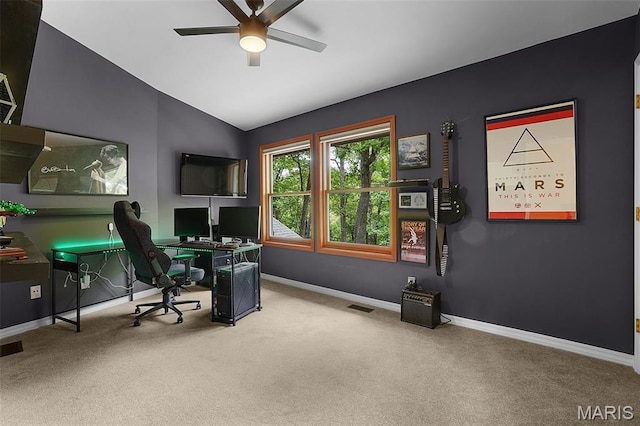 19072 Bear Trail Rd, Glencoe, MO 63038 - office area with carpet flooring, ceiling fan, and lofted ceiling