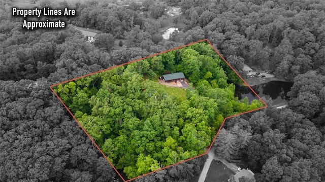aerial view of property and surrounding area with a forest and property parcel outlined