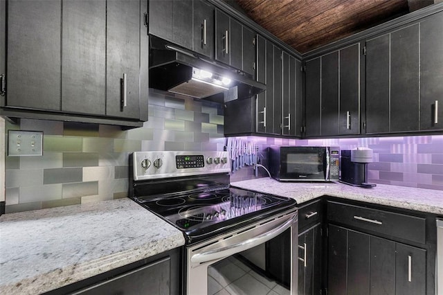 kitchen with stainless steel electric range oven, under cabinet range hood, black microwave, wood ceiling, and dark cabinets