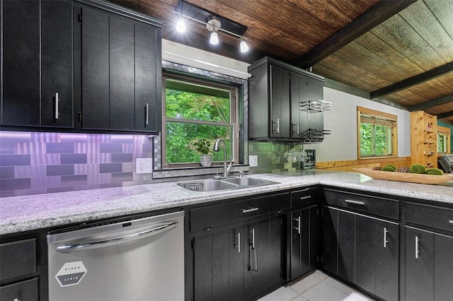 kitchen with stainless steel dishwasher, a sink, dark cabinetry, wooden ceiling, and decorative backsplash