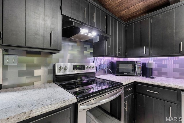 254 Rustic Hills Ln, Jackson, MO 63755 - kitchen with stainless steel range with electric cooktop, under cabinet range hood, black microwave, dark cabinetry, and wooden ceiling