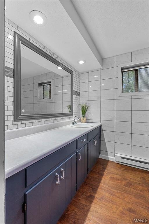 254 Rustic Hills Ln, Jackson, MO 63755 - bathroom with tile walls, vanity, wood finished floors, and a baseboard radiator