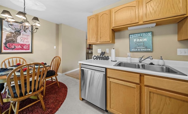 480 Benton Dr Unit H, Saint Peters, MO 63376 - kitchen with stainless steel dishwasher, a sink, light countertops, light brown cabinets, and a chandelier