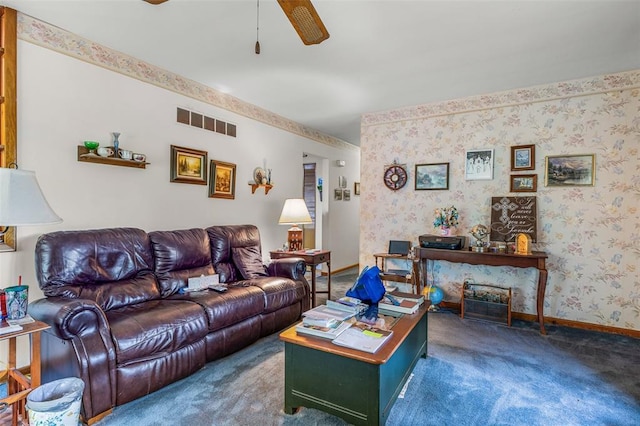 717 W Clement St, De Soto, MO 63020 - living area with wallpapered walls, carpet floors, ceiling fan, and baseboards