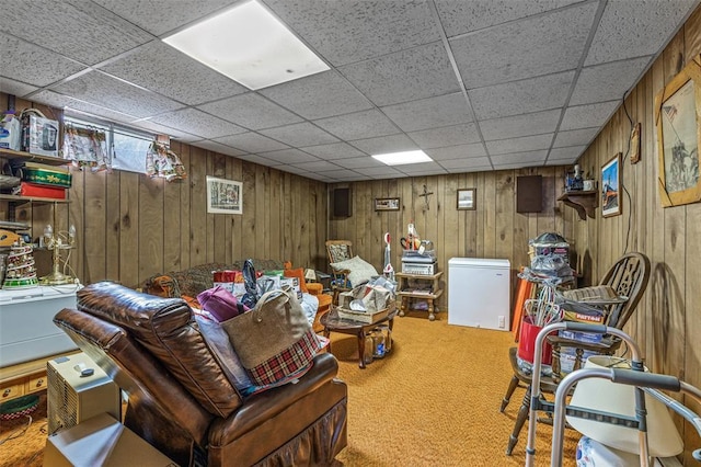 717 W Clement St, De Soto, MO 63020 - carpeted living room featuring wooden walls and a drop ceiling