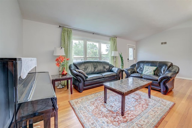 living room with lofted ceiling and wood finished floors