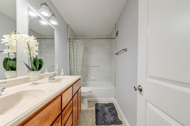 full bath featuring tile patterned floors, shower / bathtub combination with curtain, double vanity, and toilet