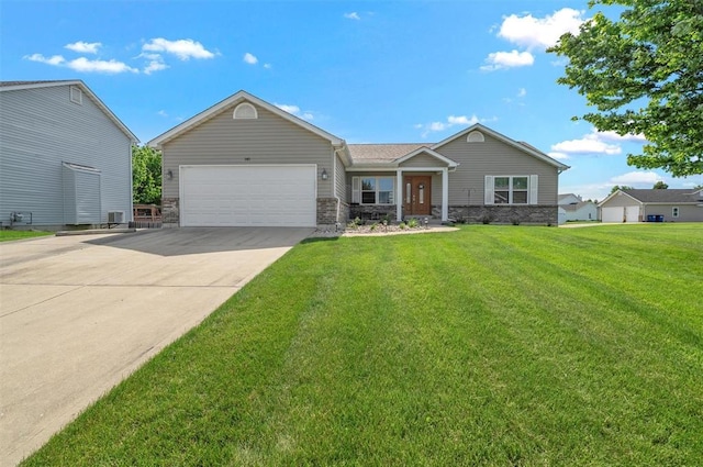140 Glen Forest Dr, Troy, MO 63379 - ranch-style house featuring concrete driveway, a garage, stone siding, and a front lawn