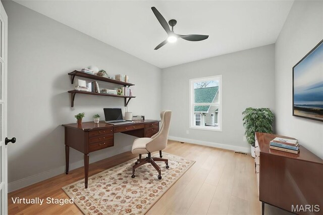 31998 Fairway Dr N, Foristell, MO 63348 - home office featuring light wood-type flooring and a ceiling fan