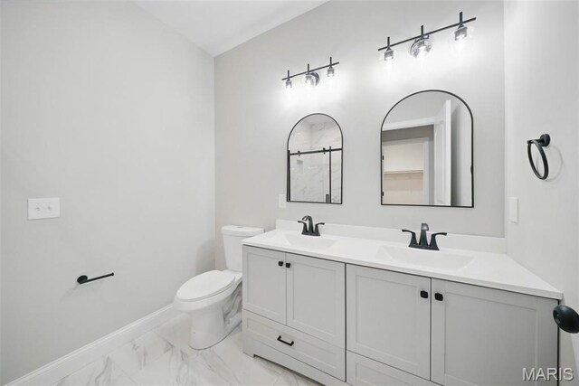 31998 Fairway Dr N, Foristell, MO 63348 - bathroom featuring marble look tile flooring, double vanity, and a shower