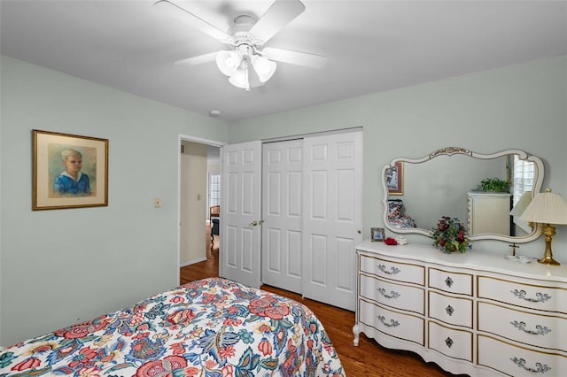 308 Wildbrier Dr, Ballwin, MO 63011 - bedroom featuring a closet, wood finished floors, and ceiling fan