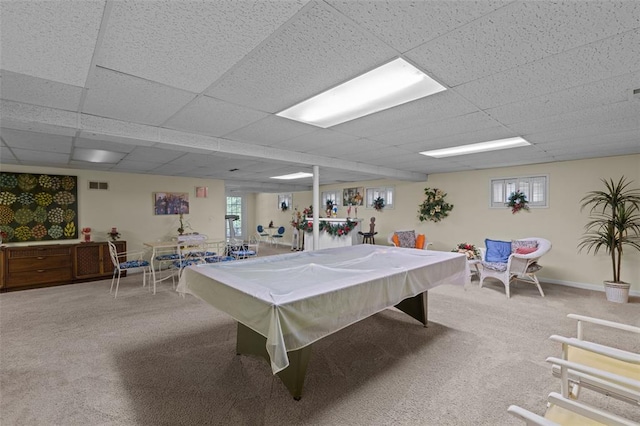 308 Wildbrier Dr, Ballwin, MO 63011 - game room with billiards, carpet floors, a drop ceiling, and baseboards