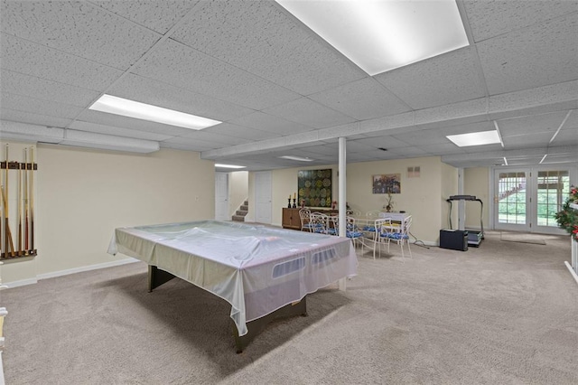 308 Wildbrier Dr, Ballwin, MO 63011 - game room with carpet, a paneled ceiling, billiards table, and baseboards