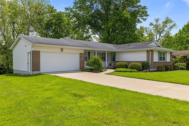 308 Wildbrier Dr, Ballwin, MO 63011 - ranch-style house with brick siding, an attached garage, a front yard, and driveway