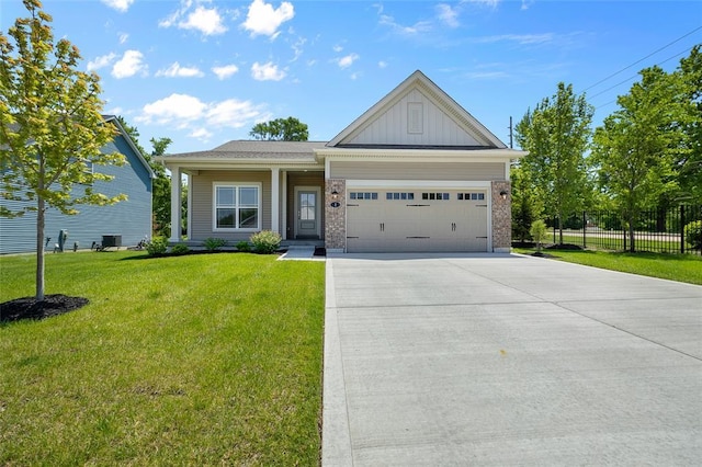 view of front of home featuring driveway, board and batten siding, an attached garage, and brick siding