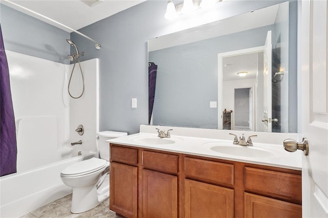 bathroom featuring double vanity, toilet, and shower / bath combination with curtain
