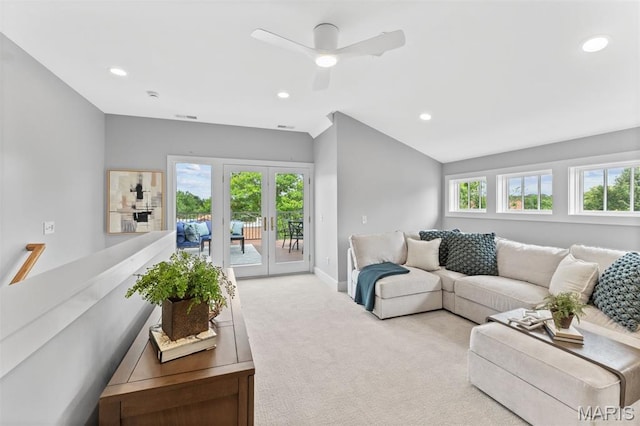 6602 Alamo Ave, Clayton, MO 63105 - carpeted living area with recessed lighting, a ceiling fan, french doors, and lofted ceiling