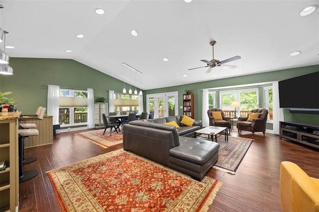 living room featuring ceiling fan, high vaulted ceiling, wood finished floors, and recessed lighting