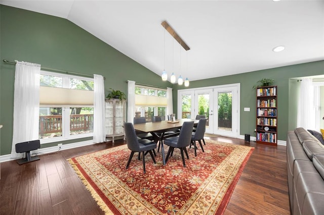 dining room with french doors, recessed lighting, dark wood finished floors, high vaulted ceiling, and baseboards