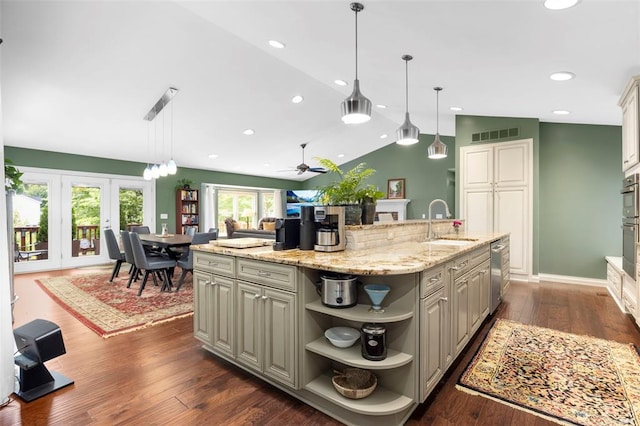 kitchen with a sink, stainless steel dishwasher, vaulted ceiling, open shelves, and a ceiling fan