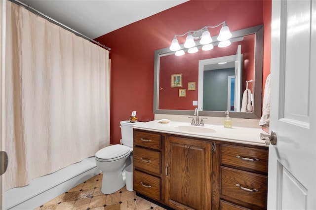 bathroom featuring vanity, toilet, and shower / bath combination with curtain