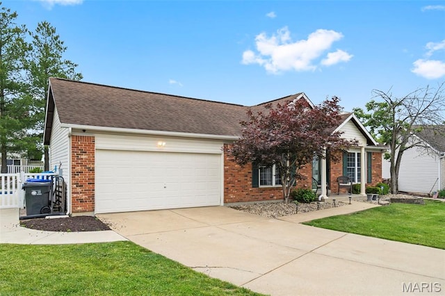 8 Baron Ridge Ct, Ofallon, MO 63366 - view of front of house with concrete driveway, brick siding, a garage, a front lawn, and roof with shingles