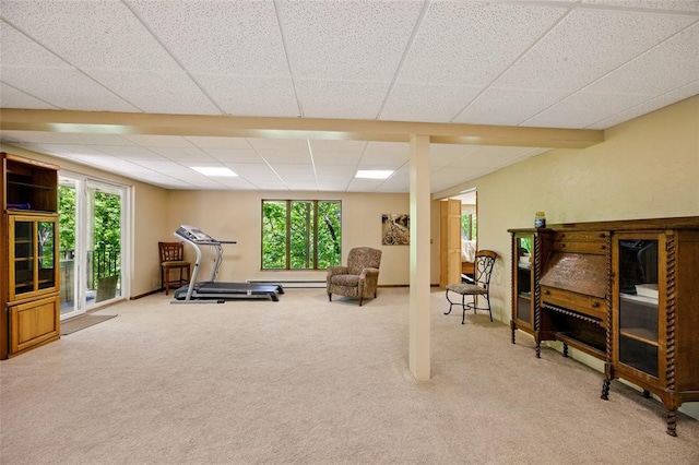 workout area featuring plenty of natural light, carpet, and a drop ceiling