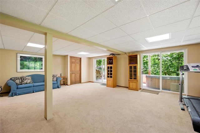workout area with light colored carpet and a drop ceiling