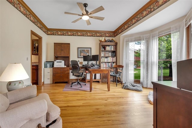 214 Townview Ct, Wentzville, MO 63385 - office with a ceiling fan, light wood finished floors, and ornamental molding