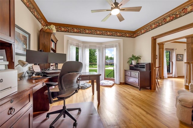 214 Townview Ct, Wentzville, MO 63385 - office with healthy amount of natural light, ceiling fan, light wood finished floors, and ornamental molding