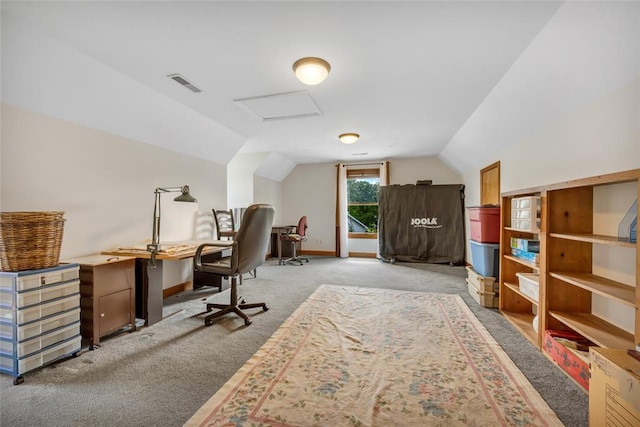 214 Townview Ct, Wentzville, MO 63385 - home office featuring light carpet, lofted ceiling, attic access, and baseboards