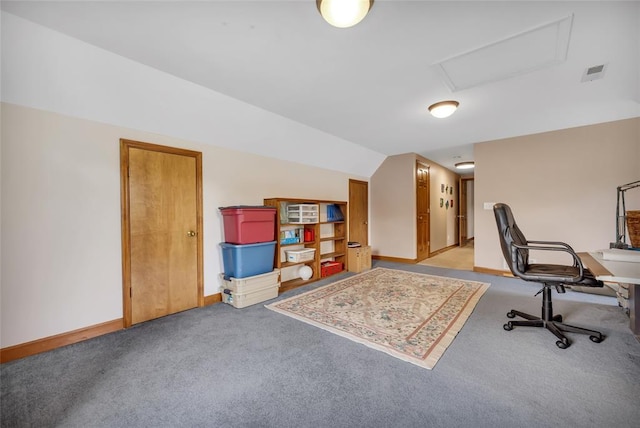 214 Townview Ct, Wentzville, MO 63385 - home office with carpet, attic access, baseboards, and vaulted ceiling