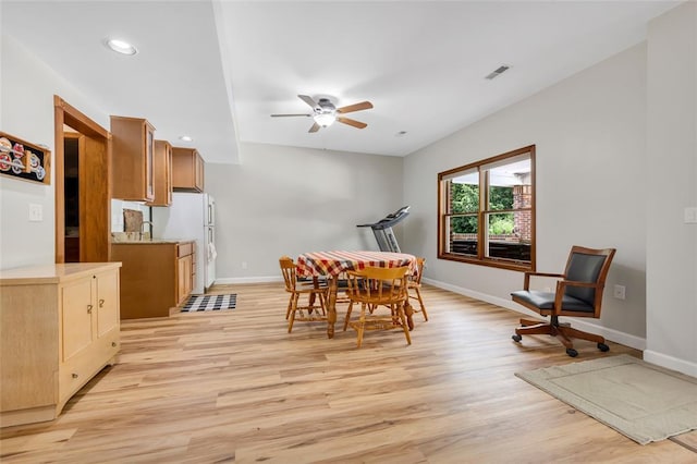 214 Townview Ct, Wentzville, MO 63385 - dining room with ceiling fan, light wood-style flooring, baseboards, and recessed lighting