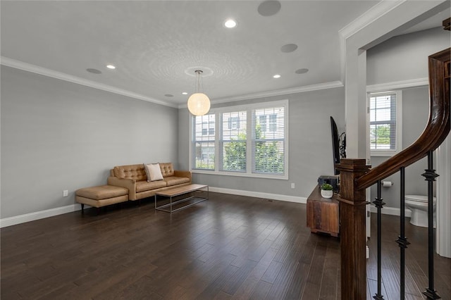 8000 Central Park Dr, Richmond Heights, MO 63117 - living area featuring baseboards, dark wood-type flooring, recessed lighting, ornamental molding, and stairway