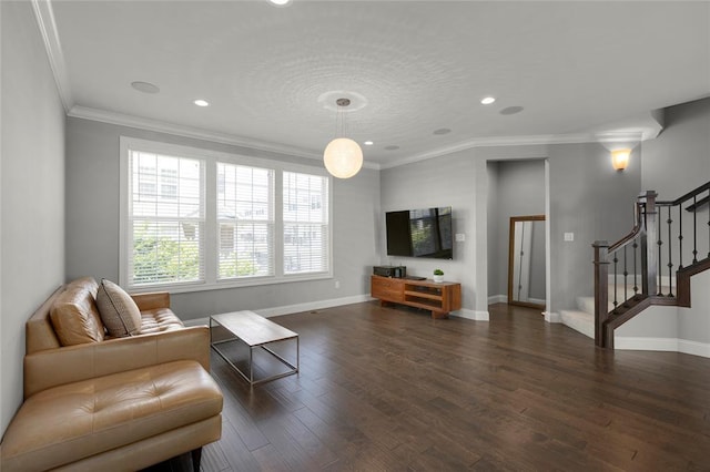 8000 Central Park Dr, Richmond Heights, MO 63117 - living room with stairway, crown molding, baseboards, dark wood-style flooring, and recessed lighting