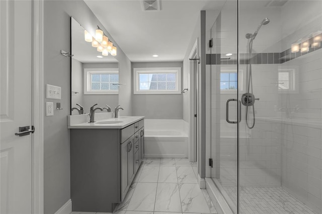 8000 Central Park Dr, Richmond Heights, MO 63117 - bathroom featuring vanity, a bath, a shower stall, marble finish flooring, and baseboards