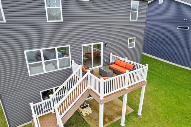207 Still Creek Dr, Lake St Louis, MO 63367 - back of house with a yard, a deck, an outdoor hangout area, and stairway