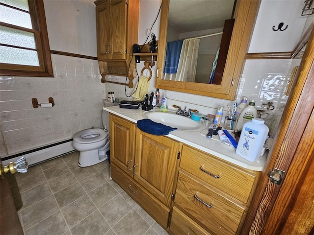 full bath featuring a baseboard radiator, tile walls, toilet, tile patterned flooring, and a shower with shower curtain