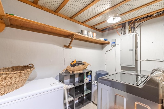 washroom featuring electric panel and washer and clothes dryer