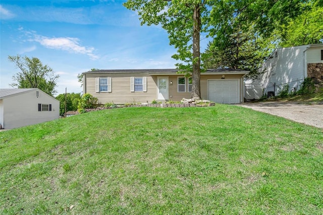 single story home with concrete driveway, a garage, and a front lawn