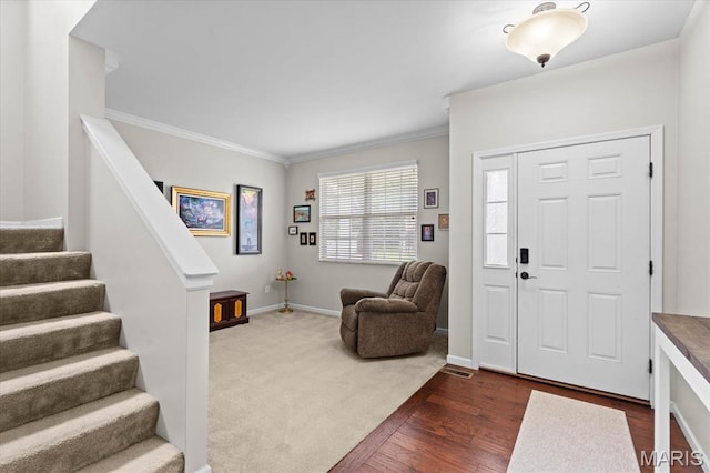 508 Frost Ct, Ofallon, IL 62269 - entrance foyer featuring dark wood finished floors, crown molding, and stairs