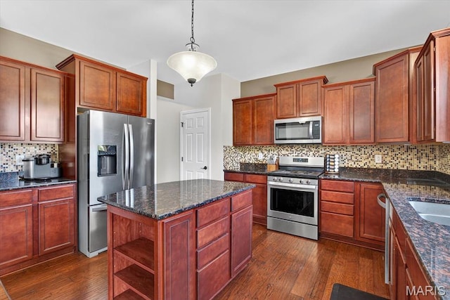 508 Frost Ct, Ofallon, IL 62269 - kitchen featuring stainless steel appliances, dark wood-style flooring, backsplash, open shelves, and decorative light fixtures