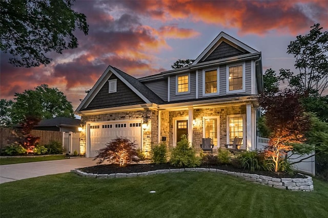 1026 Barry Ct, Kirkwood, MO 63122 - craftsman-style home with driveway, a porch, stone siding, and a garage