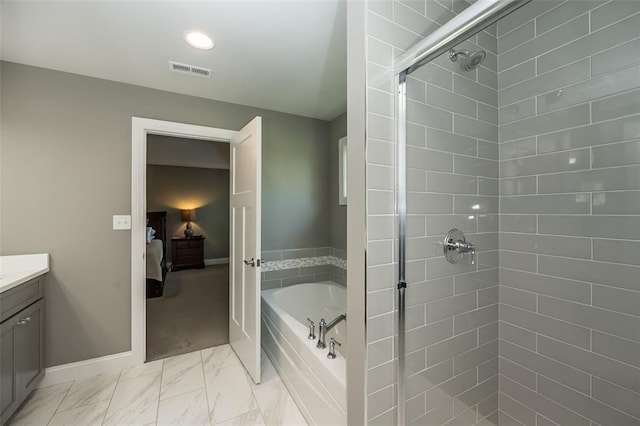 1026 Barry Ct, Kirkwood, MO 63122 - full bathroom with a shower stall, a garden tub, marble finish floors, vanity, and baseboards