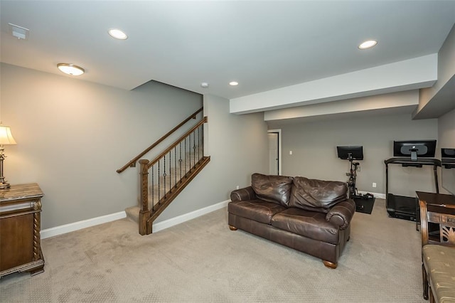 1026 Barry Ct, Kirkwood, MO 63122 - carpeted living room with recessed lighting, baseboards, and stairway