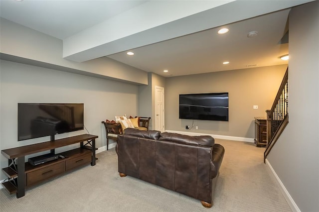 1026 Barry Ct, Kirkwood, MO 63122 - living room with light carpet, stairs, baseboards, and recessed lighting